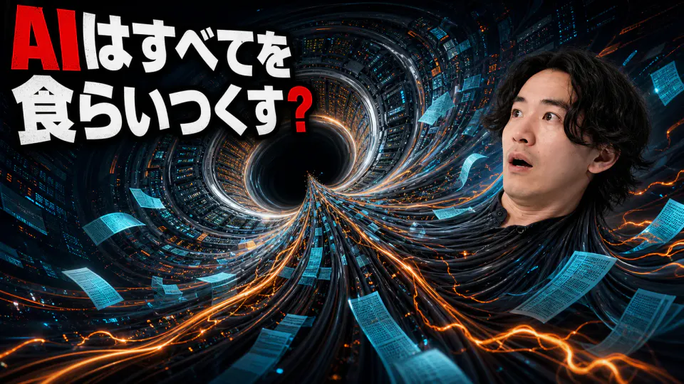 AIブラックホールへ、驚いた表情の男性と電力ケーブル、文書データ、データセンターが細長く引き延ばされて吸い込まれる。「AIはすべてを食らいつくす?」と書かれたサムネイル