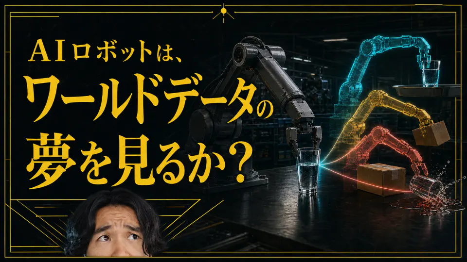 コップをつかむロボットアームが成功、衝突、転倒という三つの未来を予測し、左下から筆者が覗く。「AIロボットは、ワールドデータの夢を見るか?」の文字